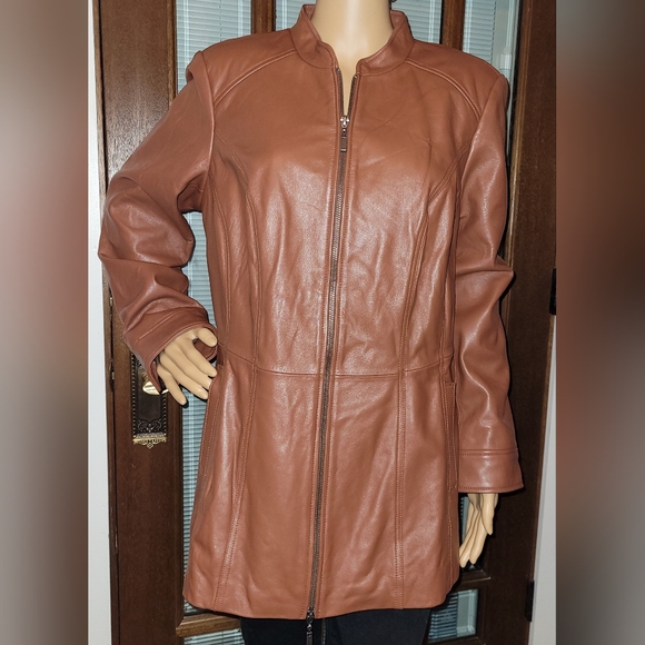 QVC's Denim & Co Cognac Brown Zip Front Leather Jacket Petite Large NWOT - Picture 1 of 8